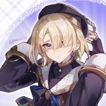  1boy black_coat black_gloves black_headwear blonde_hair coat fingerless_gloves freckles freminet_(genshin_impact) genshin_impact gloves hair_over_one_eye male_focus powu555 purple_eyes sailor_collar solo white_sailor_collar 