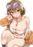  1girl anis_(nikke) anis_(sparkling_summer)_(nikke) bare_shoulders bikini blush breasts cleavage collarbone eyepatch_bikini eyewear_on_head goddess_of_victory:_nikke jacket jewelry large_breasts light_brown_hair long_sleeves looking_at_viewer mamedenkyuu_(berun) navel necklace off_shoulder official_alternate_costume open_clothes open_jacket open_mouth short_hair sitting smile solo sunglasses swimsuit v white_bikini yellow_eyes yellow_jacket 
