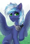  absurd_res blue_body blue_feathers blue_fur blue_hair blue_hooves equid equine eyebrows eyelashes fan_character feathered_wings feathers feral friendship_is_magic fur green_background green_eyes hair hakaina hasbro headphones hi_res hooves inner_ear_fluff leg_tuft male mammal multicolored_hair my_little_pony pegasus raised_hoof signature simple_background spread_wings tuft two_tone_hair wings 