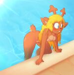  anthro antlers bingbingo_(artist) blonde_hair blue_eyes blush breasts buckteeth butt crawling deer deltarune doe_with_antlers dripping embarrassed female freckles hair hi_res horn long_hair looking_away mammal nipples noelle_holiday nude pool red_nose small_breasts solo swimming_pool teeth undertale_(series) water wet wet_body wet_hair 