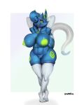  absurd_res anthro areola armwear belly big_butt blue_body butt clothing dax_(daxzor) dragon elbow_gloves female genitals gloves goldmikun green_areola green_nipples hands_behind_head handwear hi_res legwear long_ears markings navel nipples pussy raised_arms skindentation slightly_chubby solo tail thick_thighs thigh_highs wide_hips 