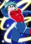  1girl allenby_beardsley blue_hair bodysuit breasts breasts_apart commentary_request d_boy@seishun_bakuhatsu dated g_gundam green_eyes grin gundam highres medium_breasts mobile_trace_suit one_eye_closed short_hair signature skin_tight smile solo 