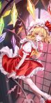  1girl ascot back_bow bat_(animal) blonde_hair bow collared_shirt crystal curtains feet_out_of_frame fingernails flandre_scarlet frilled_shirt_collar frilled_skirt frilled_sleeves frills from_side hand_up haruri hat hat_ribbon highres laevatein_(touhou) long_hair looking_at_viewer mob_cap nail_polish one_side_up open_mouth puffy_short_sleeves puffy_sleeves red_eyes red_footwear red_nails red_ribbon red_skirt red_vest ribbon shirt shoes short_sleeves skirt skirt_set smile socks solo touhou vest white_bow white_headwear white_shirt white_socks window wings wrist_cuffs yellow_ascot 