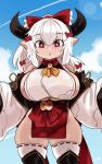  accessory big_breasts bow_ribbon breasts clothing cloud female hair hair_accessory hair_bow hair_ribbon hi_res horn horned_humanoid huge_breasts humanoid humanoid_pointy_ears open_mouth red_eyes ribbons side_boob solo standing thick_thighs under_boob white_hair wide_hips zanamaoria 