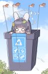  1girl ? animal_ears bird black_hair blue_archive blue_sky blunt_bangs cloud cloudy_sky commentary confused fake_animal_ears flying hairband halo highres in_trash_can ine_(ineinnen) leaf leaf_on_head long_hair looking_at_viewer miyu_(blue_archive) o_o parted_lips peeking_out rabbit_ears recycle_bin sidelocks sky sweatdrop trash_can triangle_mouth 