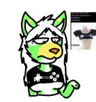  anthro breasts canid canine canis clothing english_text female fevirre fur green_body green_fur hair heterochromia mammal nipples simple_background small_shirt solo text under_boob white_background white_body white_fur white_hair wolf yellow_body yellow_fur 