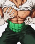  1boy abs bara clothes_lift dark-skinned_male dark_skin feet_out_of_frame grabbing grabbing_from_behind head_out_of_frame highres large_pectorals male_focus muscular muscular_male nipple_tweak nipples one_piece pectoral_focus pectoral_grab pectorals roronoa_zoro shirt_lift short_hair smokerichi solo_focus stitches yaoi 
