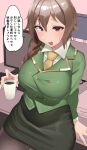  1girl absurdres apple_(ygbhjdbiulsg) black_pantyhose blush braid braided_ponytail breasts brown_hair cup green_jacket green_skirt highres holding holding_cup idolmaster idolmaster_cinderella_girls jacket keyboard_(computer) large_breasts leaning_on_object looking_at_viewer monitor necktie office_lady pantyhose pencil_skirt senkawa_chihiro side_ponytail skirt solo speech_bubble sweatdrop translation_request yellow_necktie 
