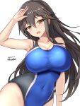  1girl arm_up black_hair blue_one-piece_swimsuit breasts brown_eyes cleavage collarbone competition_swimsuit covered_navel cowboy_shot dated hair_ornament hairclip haruna_(kancolle) highres kantai_collection large_breasts long_hair looking_at_viewer montemasa one-piece_swimsuit open_mouth signature simple_background smile solo standing swimsuit white_background 