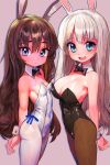 2girls :&lt; :d animal_ear_fluff animal_ears bare_shoulders black_bow black_bowtie black_leotard blue_eyes blue_ribbon bow bowtie breasts brown_hair brown_pantyhose cleavage closed_mouth covered_navel detached_collar facing_another hair_between_eyes highleg highleg_leotard highres large_breasts leotard long_hair multiple_girls open_mouth original pantyhose pink_background playboy_bunny purple_eyes rabbit_ears rabbit_girl rabbit_tail ribbon small_breasts smile standing straight_hair strapless strapless_leotard tail tsukiyono_aroe very_long_hair wavy_hair white_leotard white_pantyhose white_wrist_cuffs wrist_cuffs 