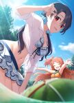  2girls ^_^ absurdres arm_support arm_up armpits bikini bikini_skirt black_hair blue_bikini blue_scrunchie blue_sky blurry blurry_foreground blush breasts brown_hair cleavage closed_eyes cloud collarbone day dot_nose food fruit hair_bobbles hair_ornament hair_scrunchie hand_on_own_leg hands_up highres idolmaster idolmaster_million_live! idolmaster_million_live!_theater_days leaning_forward long_hair looking_at_viewer low_twintails medium_breasts mikapoe multiple_girls navel ogami_tamaki one_side_up open_hand open_mouth orange_bikini plaid plaid_bikini polka_dot polka_dot_scrunchie red_eyes scrunchie see-through shirt short_sleeves sky small_breasts smile splashing striped striped_bikini sweat swimsuit takayama_sayoko tied_shirt tree twintails water_drop watermelon wet white_shirt 
