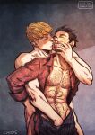  2boys bad_id bad_tumblr_id bara bare_pectorals beard_stubble black_hair blonde_hair chest_hair clothed_male_nude_male couple cris_art crotch_grab feet_out_of_frame hairy hand_in_pants hand_under_clothes head_grab hulkling kiss kissing_cheek male_focus marvel mature_male multiple_boys navel_hair nude open_clothes open_shirt pectorals short_hair sideburns thick_eyebrows toned toned_male turning_head wiccan yaoi 