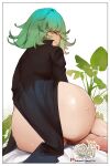  1girl absurdres ass black_dress closed_mouth dress from_behind green_eyes green_hair highres hu_dako long_sleeves looking_at_viewer looking_back one-punch_man patreon_username pussy_juice short_hair sitting solo sweat tatsumaki 