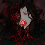  1girl black_hair bloo blood_vessels fangs library_of_ruina long_hair long_sleeves nishikujic open_mouth portrait project_moon red_eyes solo tongue vampire 