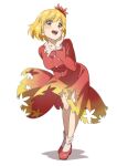  1girl aki_shizuha blonde_hair blush buttons collared_shirt full_body gyouza_(mhea5724) hair_ornament highres leaf_hair_ornament long_sleeves looking_at_viewer open_mouth red_footwear red_shirt red_skirt shirt shoes short_hair simple_background skirt smile socks solo standing touhou white_background white_socks yellow_eyes 