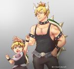  animal_humanoid blonde_hair blue_eyes bowser bowser_jr. child clothed clothing crown duo father_(lore) father_and_child_(lore) father_and_son_(lore) hair headgear humanoid humanoid_pointy_ears koopa_humanoid male male_bowsette_meme mario_bros mihashidai muscle_shirt nintendo parent_(lore) parent_and_child_(lore) parent_and_son_(lore) scalie scalie_humanoid son_(lore) young 