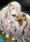  1girl anastasia_(fate) blue_eyes bracelet crown doll earrings fate/grand_order fate_(series) highres holding holding_doll jewelry long_hair long_sleeves solo star_(symbol) turkey_(user_pjzp7275) viy_(fate) white_hair white_nails 