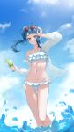  1girl absurdres ass_visible_through_thighs ayesha618 bikini blue_sky cloud cloudy_sky cup cut_bangs day drinking_straw eyewear_on_head food frilled_bikini frills fruit half-closed_eyes halterneck heart heart-shaped_eyewear highres hirogaru_sky!_precure holding holding_cup lime_(fruit) lime_slice looking_at_viewer medium_hair navel off_shoulder open_clothes open_shirt outdoors precure shirt side_ponytail single_sidelock sky sleeves_rolled_up smile solo sora_harewataru standing summer sunglasses swimsuit swimsuit_cover-up thigh_gap wading water white_bikini white_shirt 