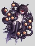  1girl ahoge barefoot black_hair blush breasts colored_sclera colored_skin commentary_request commission cyclops extra_eyes feet floating full_body gazer_(monster_girl_encyclopedia) grey_background grey_skin highres long_hair looking_at_viewer medium_breasts monster_girl monster_girl_encyclopedia naganegi navel nude one-eyed open_hands open_mouth outstretched_arms red_eyes sharp_teeth simple_background slime_(substance) smile solo tail teeth tentacles toes yellow_sclera 