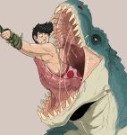  absurd_res anthro arms_tied black_hair blue_body bodily_fluids bottomwear bound clothing dinosaur duo hair hi_res human imperatorcaesar in_mouth male mammal narrowed_eyes oral_vore pattern_bottomwear pattern_clothing red_tongue reptile saliva saliva_on_tongue saliva_string scalie sharp_teeth short_hair simple_background sweat sweaty_face tan_body tan_skin tan_teeth teeth tongue vore wide_eyed 