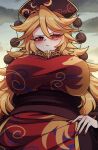  1girl absurdres black_headwear blonde_hair blush breasts closed_mouth fingernails from_below frown half-closed_eyes hand_on_own_hip highres junko_(touhou) large_breasts littlecloudie long_hair looking_at_viewer red_eyes red_nails sharp_fingernails solo touhou 