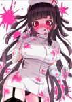  1girl :q asymmetrical_gloves bandaged_arm bandages black_hair black_panties black_thighhighs blood blush breasts cowboy_shot danganronpa_(series) danganronpa_3_(anime) dress elbow_gloves garter_straps gloves hat heart heart-shaped_pupils holding holding_syringe large_breasts long_hair mozuku_(iiiiiiimomo) nurse_cap official_alternate_costume panties pink_blood red_eyes short_dress single_elbow_glove solo symbol-shaped_pupils syringe thighhighs tongue tongue_out tsumiki_mikan underwear white_background white_dress white_gloves 