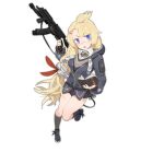  1girl ankle_socks black_skirt black_socks blonde_hair blue_eyes blunt_bangs blush book breasts colored_shoe_soles full_body girls&#039;_frontline grey_footwear grey_hoodie gun hair_bobbles hair_ornament hair_ribbon hairclip holding holding_book holding_gun holding_weapon hood hoodie large_breasts layered_legwear long_hair long_sleeves official_art open_book open_mouth pandegg pleated_skirt ponytail pp-19-01 pp-19-01_(girls&#039;_frontline) red_ribbon red_star ribbon shoes shoulder_patches simple_background skirt socks solo standing standing_on_one_leg submachine_gun topknot transparent_background v-shaped_eyebrows very_long_hair weapon 