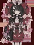  1girl ame-chan_(needy_girl_overdose) animal_hood black_bag black_choker black_eyes black_hair black_nails blister_pack border bow choker closed_mouth cowboy_shot demon_wings fake_wings hair_down hair_ornament hair_over_one_eye heart heart_choker highres hood hood_up hoodie long_sleeves looking_at_viewer lsd ludo_(grapewood1005) muted_color needy_girl_overdose o-ring official_alternate_costume own_hands_together pale_skin pill rabbit_hood red_border red_hoodie solo standing wand white_bow wings x_hair_ornament 