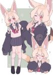  ! 1girl 1other ? absurdres animal_ear_fluff animal_ears black_footwear black_jacket blonde_hair blush border bow cheek_poking closed_eyes closed_mouth commentary_request disembodied_limb double_bun facing_viewer flower_(symbol) fox_ears fox_girl fox_tail green_background grey_sailor_collar grey_skirt hair_bun hands_on_another&#039;s_cheeks hands_on_another&#039;s_face highres jacket jacket_partially_removed kneehighs loafers long_sleeves megateru miniskirt multiple_views nose_blush notice_lines one_eye_closed open_clothes open_jacket original outside_border pleated_skirt poking puffy_long_sleeves puffy_sleeves red_bow red_eyes sailor_collar sailor_shirt school_uniform serafuku shirt shirt_bow shoes short_hair short_sleeves simple_background skirt sleeve_cuffs sleeves_past_fingers sleeves_past_wrists socks standing tail white_border white_shirt white_socks 