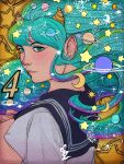  1girl absurdres aqua_eyes aqua_hair black_sailor_collar blush carrot_zanahorias crescent_moon fang highres horns lum moon planet planetary_ring sailor_collar shirt solo star_(sky) star_(symbol) upper_body urusei_yatsura white_shirt 