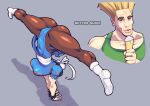  1boy 1girl artist_name bing_chilling_(meme) blonde_hair blue_eyes blue_leotard bracelet breasts brown_pantyhose bun_cover butter_sugoi chinese_clothes chun-li collarbone commentary double_bun flattop food green_tank_top guile hair_bun handstand highres holding holding_food holding_ice_cream ice_cream ice_cream_cone impossible_clothes impossible_leotard jewelry large_breasts leotard meme pantyhose pelvic_curtain puffy_short_sleeves puffy_sleeves short_sleeves spiked_bracelet spikes split street_fighter street_fighter_ii_(series) tank_top 