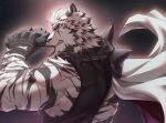  1boy absurdres animal_ears arknights bara black_tank_top brass_knuckles facial_hair fighting_stance from_behind frown furry furry_male goatee henthaisan highres large_pectorals looking_at_viewer looking_back male_focus mountain_(arknights) muscular muscular_male pectorals scar scar_across_eye short_hair solo tank_top thick_eyebrows tiger_boy tiger_ears tiger_stripes weapon white_fur white_hair wind 
