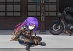  1girl absurdres ascot bdsm biker_clothes bikesuit black_bodysuit blonde_hair bodysuit bondage bound breasts commission gradient_hair green_ascot haziqfox highres hijiri_byakuren monoglove motor_vehicle motorcycle multicolored_hair outdoors purple_eyes purple_hair restrained rope second-party_source shibari sitting solo touhou turbo_byakuren wavy_hair 