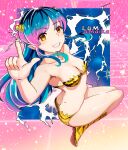  1girl absurdres amaika evil_smile girl_on_top green_hair highres horns long_hair lum oni_horns smile solo space swimsuit urusei_yatsura yellow_eyes 