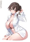  1girl areola_slip blush breasts brown_eyes brown_hair collared_shirt commentary cowboy_shot dress_shirt ebifurya highres kaga_(kancolle) kantai_collection large_breasts long_hair long_sleeves looking_at_viewer naked_shirt navel one-hour_drawing_challenge open_clothes open_mouth open_shirt shirt side_ponytail solo stomach twitter_username white_background white_shirt 