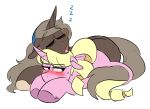 blonde_hair blush bodily_fluids brown_body brown_fur brown_hair drooling_on_partner drooling_onto_other equid equine eureka_(oc) eyes_closed fan_character fur hair hasbro hooves horn lying mammal my_little_pony parch_well_(oc) pigtails pink_body pink_fur redxbacon saliva sleeping sound_effects unicorn vowelless vowelless_sound_effect zzz 