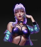  1girl alphacentauuri asymmetrical_bangs between_breasts black_choker blue_jacket breasts choker claw_(weapon) cone_hair_bun cropped_jacket demon demon_girl drop_earrings earrings evelynn_(league_of_legends) eyeshadow hair_bun highres jacket jewelry k/da_(league_of_legends) k/da_all_out_evelynn large_breasts league_of_legends long_hair looking_at_viewer makeup o-ring off_shoulder open_clothes open_jacket pink_lips purple_eyeshadow revealing_clothes single_bare_shoulder slit_pupils solo strap_between_breasts the_baddest_evelynn twitter_username upper_body weapon white_hair yellow_eyes 
