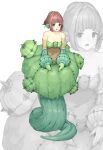  1girl absurdres bare_shoulders breasts brown_hair cactus_girl chest_tattoo cleavage full_body green_eyes green_hair highres looking_at_viewer medium_breasts monster_girl multicolored_hair open_mouth original plant_girl shitoi_(aqua1487) short_hair solo streaked_hair tattoo thorns white_background zoom_layer 