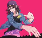  1girl absurdres backwards_hat bang_dream! baseball_cap black_hair black_shirt blue_eyes blue_jacket collarbone commentary_request floating_hair gold_necklace hair_between_eyes hair_ornament hairclip hat highres jacket jewelry long_sleeves looking_at_viewer lower_teeth_only medium_hair necklace okusawa_misaki open_clothes open_jacket open_mouth overshirt pink_background pink_shirt purple_headwear sen&#039;yuu_yuuji shirt simple_background smile solo teeth upper_body 