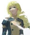  1girl 91007 artist_name blonde_hair braid english_text epaulettes fire_emblem fire_emblem:_three_houses garreg_mach_monastery_uniform green_eyes highres ingrid_brandl_galatea long_hair long_sleeves looking_afar parted_lips simple_background single_braid solo teeth twitter_username upper_body white_background 