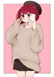  1girl arima_kana beret black_headwear black_skirt blush brown_sweater cellphone closed_mouth hands_up hat highres holding holding_phone i.u.y long_sleeves looking_at_viewer oshi_no_ko phone pinching_sleeves pink_background pleated_skirt puffy_long_sleeves puffy_sleeves red_eyes red_hair short_hair skirt sleeves_past_wrists solo standing sweater two-tone_background v white_background 