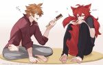  2boys animal_ears barefoot black_pants black_shirt blue_eyes comb diluc_(genshin_impact) feet fox_boy fox_ears fox_tail genshin_impact grey_pants hiki_yuichi holding holding_comb long_hair midriff multiple_boys orange_hair pants red_eyes red_hair red_shirt red_tail shirt short_hair tail tartaglia_(genshin_impact) toes 