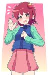  1girl absurdres blush brown_eyes buzzlyears highres long_sleeves looking_at_viewer mayl_sakurai_(mega_man) mega_man_(series) mega_man_battle_network_(series) open_mouth pink_skirt red_hair short_hair skirt solo 