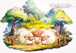  :3 artist_name character_name closed_mouth commentary_request dated day ekm grass lying no_humans outdoors pokemon pokemon_(creature) smile tree wooloo 