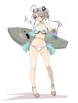  1girl ahoge aircraft airplane akitsushima_(kancolle) bikini bottle breasts commentary_request flying_boat full_body grey_hair h8k highres kantai_collection long_hair looking_at_viewer medium_breasts nishikitaitei-chan purple_eyes purple_hair sandals shadow side_ponytail swimsuit tada water_bottle white_background white_bikini 