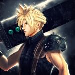  1boy adam_ryu_ford armor black_gloves blonde_hair blue_eyes blue_sweater buster_sword closed_mouth cloud_strife commentary earrings english_commentary final_fantasy final_fantasy_vii gloves holding holding_sword holding_weapon huge_weapon jewelry looking_to_the_side male_focus over_shoulder ribbed_sweater short_hair shoulder_armor single_bare_shoulder single_earring sleeveless sleeveless_turtleneck solo spiked_hair stud_earrings suspenders sweater sword turtleneck turtleneck_sweater upper_body weapon weapon_over_shoulder 