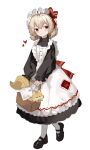  1girl absurdres alternate_costume apron basket black_dress black_footwear blonde_hair blush bow closed_mouth clynxen commentary dress enmaided eyebrows_hidden_by_hair full_body hair_between_eyes hair_bow heart highres holding holding_basket looking_at_viewer maid maid_apron maid_headdress red_bow red_eyes rumia shoes short_hair simple_background smile socks solo squirrel touhou white_apron white_background white_socks 