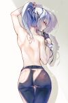  1girl absurdres alternate_hair_length alternate_hairstyle ass back blush denim gloves highres hololive hoshimachi_suisei jeans long_hair looking_at_viewer looking_back mouth_hold nezumirei pants ponytail ribbon ribbon_in_mouth simple_background solo star_(symbol) topless white_background 