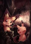  bush forest highres mimikyu nature no_humans open_mouth outdoors pichu pokemon pokemon_(creature) spiky-eared_pichu tree ziryuu 