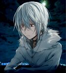  1boy accelerator_(toaru_majutsu_no_index) anninn_do_fu closed_mouth commentary_request electrodes fur_trim hair_between_eyes jacket long_sleeves male_focus medium_hair moon night outdoors partial_commentary red_eyes solo toaru_majutsu_no_index upper_body white_hair white_jacket 